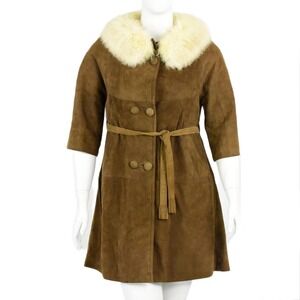 50s Vintage Sheepskin Suede Coat Womens M Brown Fur Collar Belted Silk Boho Coat